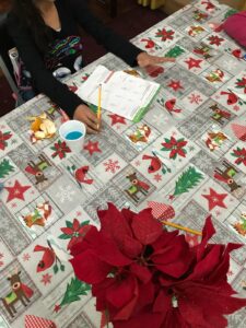 A person writing on paper at a table with poinsettia.